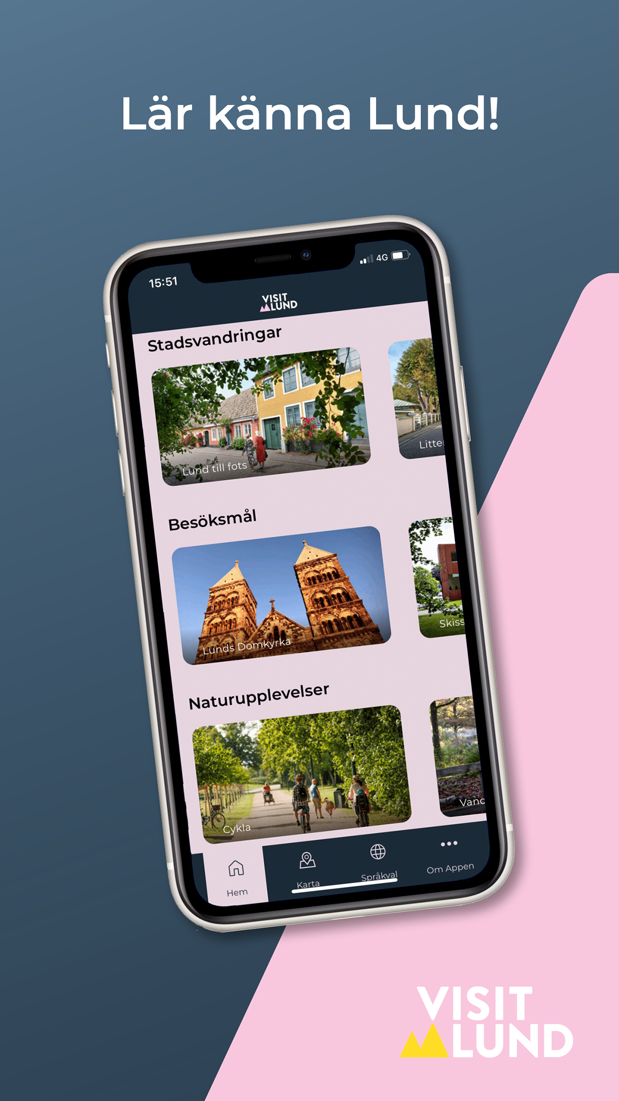 Smartphone som visar guidade turer i appen Visit Lund och texten Lär känna Lund!