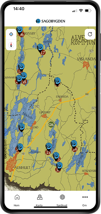 Sagobygden-appens karta över Småland med utmärkta Sägenplatser.